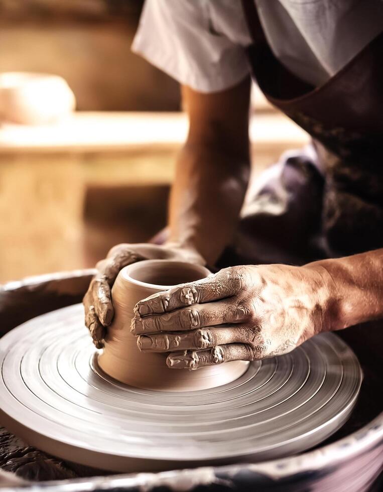 Close up on hands working on pottery photo