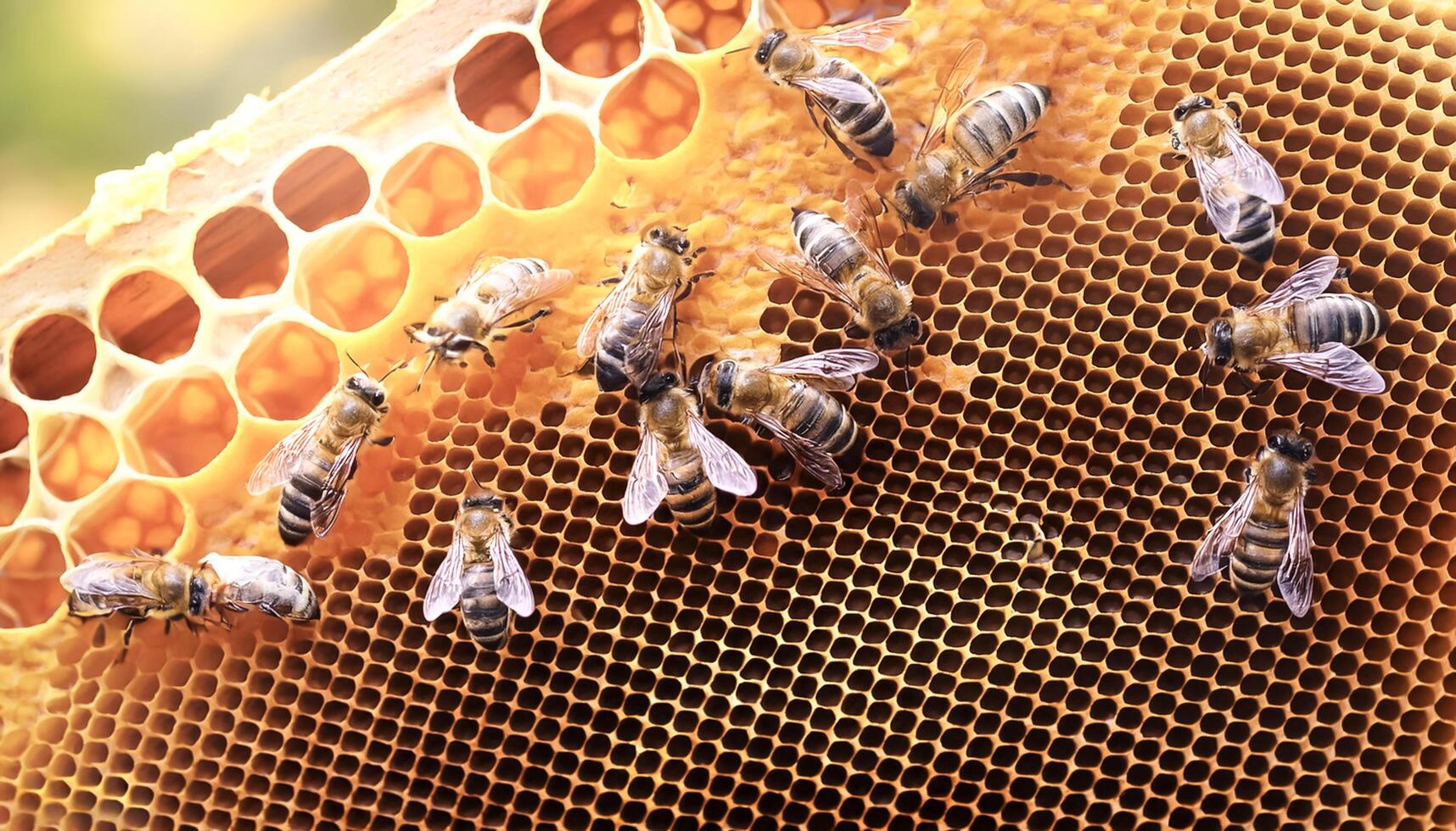 Close up view of the working bees on honey cells photo