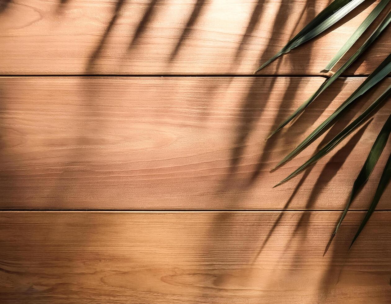 top view of soft brown table with high resolution texture and palm leafs shadows, summer table background with empty space for text or design, soft cozy sunny table backdrop, wooden texture seamless photo