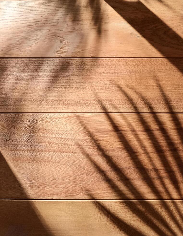 top view of soft brown table with high resolution texture and palm leafs shadows, summer table background with empty space for text or design, soft cozy sunny table backdrop, wooden texture seamless photo