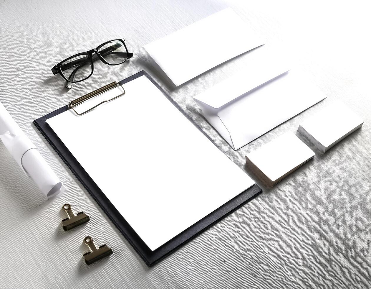 Corporate stationery set mockup at white textured paper background. photo