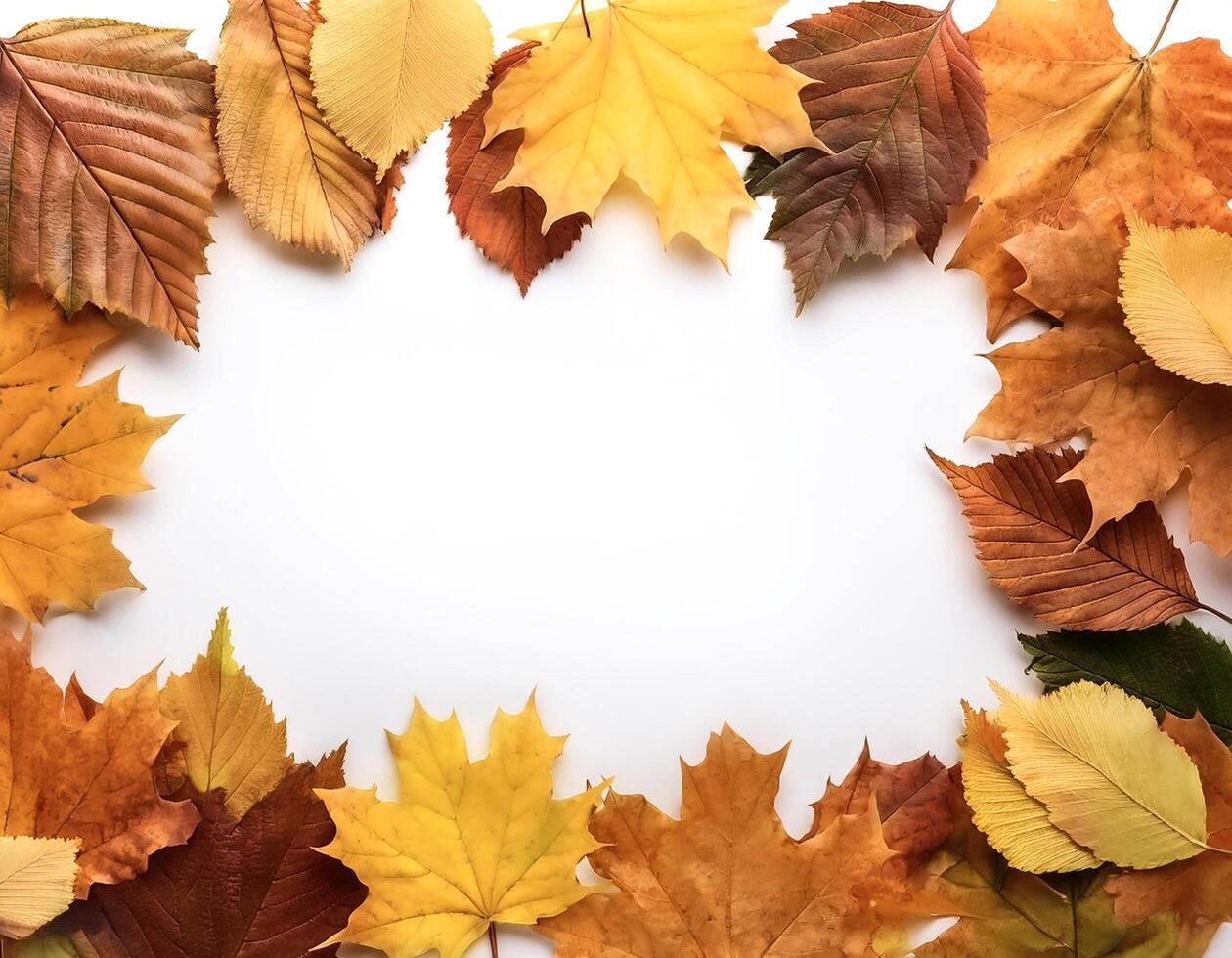 frame of autumn leaves isolated on white background photo