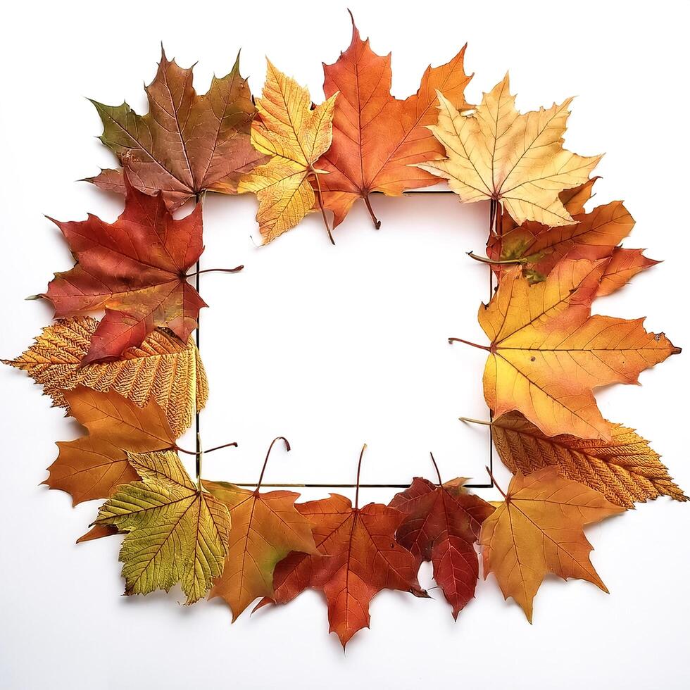 frame of autumn leaves isolated on white background photo