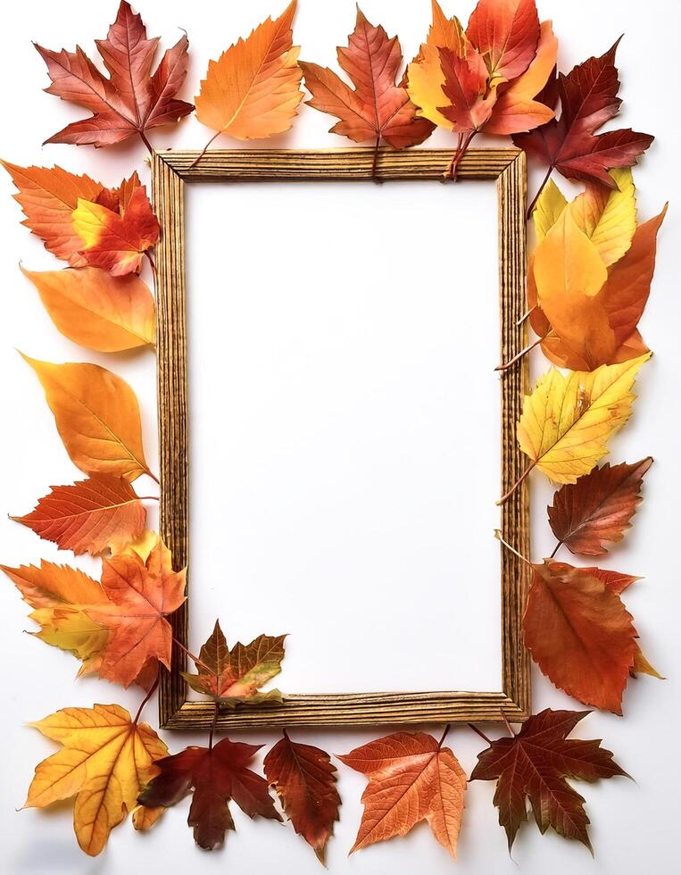 frame of autumn leaves isolated on white background photo