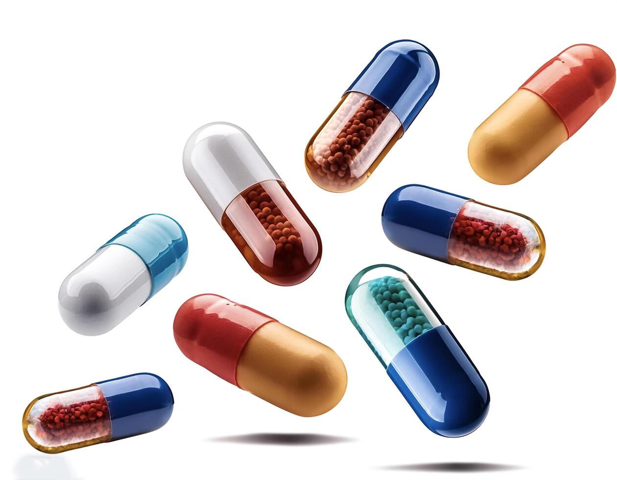 Many pills falling on white background. six capsules in air photo