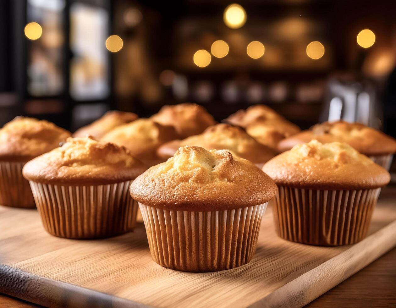 Muffins. Fluffy muffins presented on a wooden board, with a cozy bakery background photo