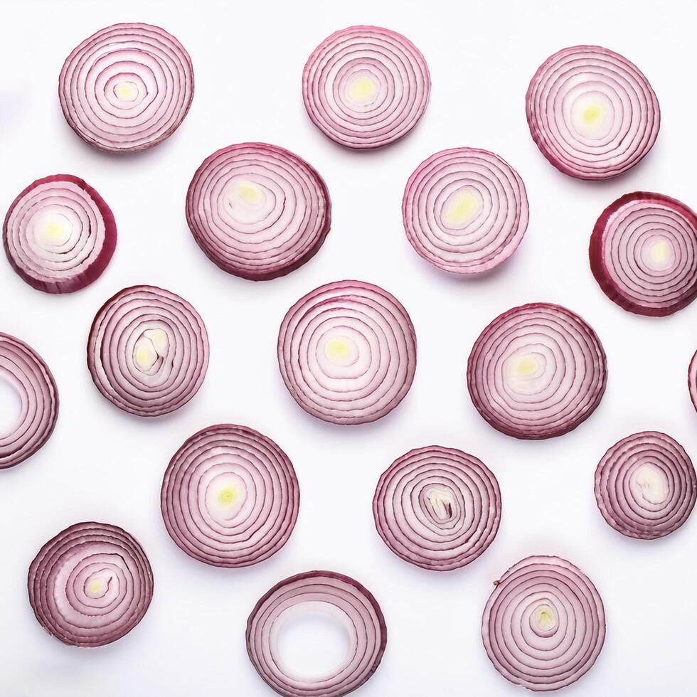 red onion slices. pattern texture background. isolated on white background photo