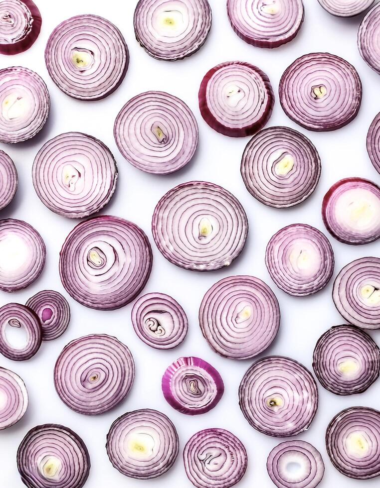 red onion slices. pattern texture background. isolated on white background photo