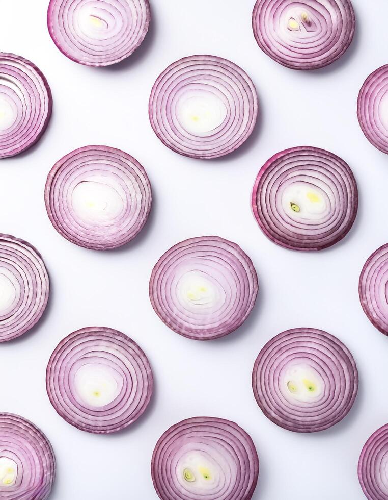 red onion slices. pattern texture background. isolated on white background photo
