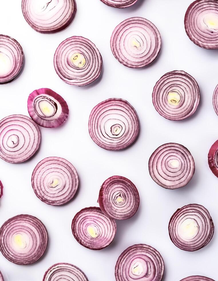 red onion slices. pattern texture background. isolated on white background photo
