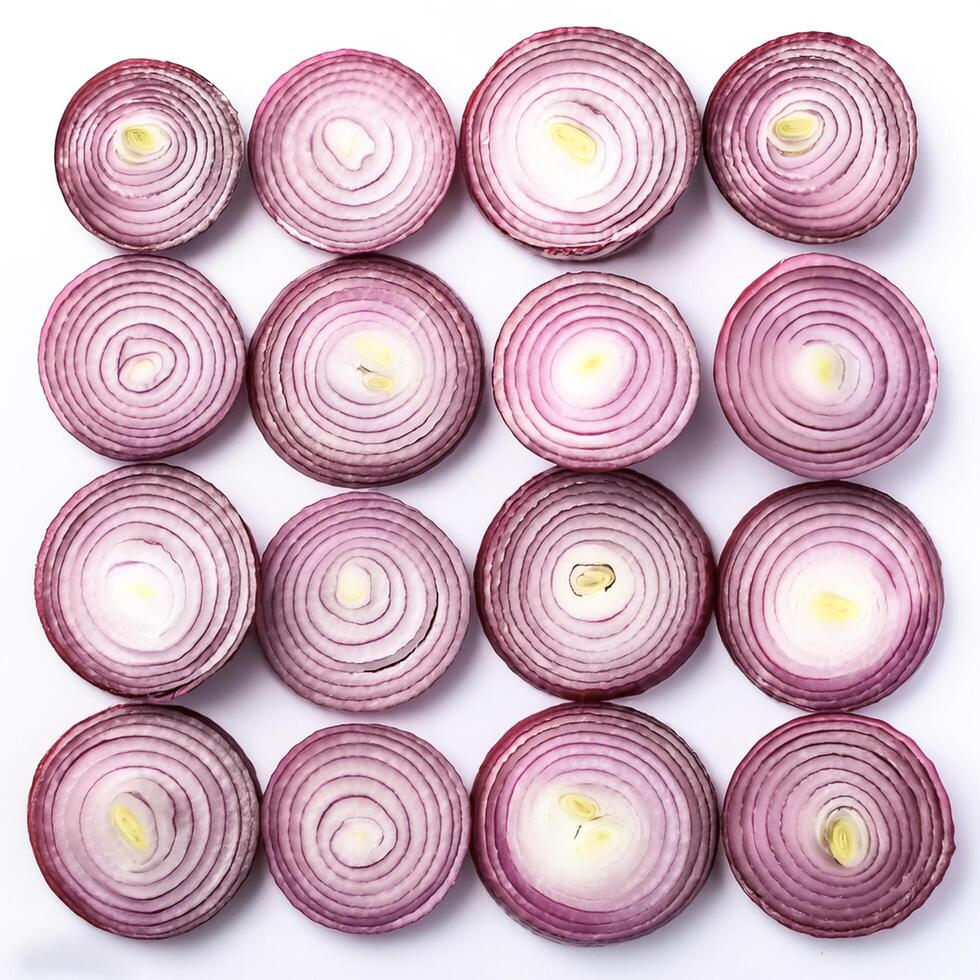 red onion slices. pattern texture background. isolated on white background photo