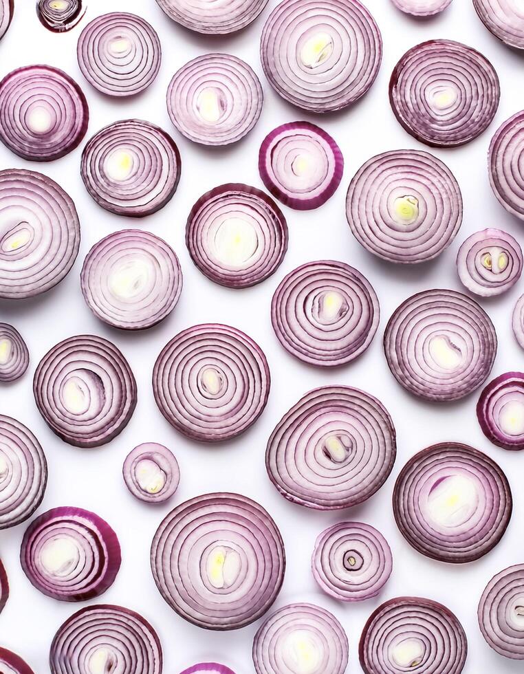 red onion slices. pattern texture background. isolated on white background photo