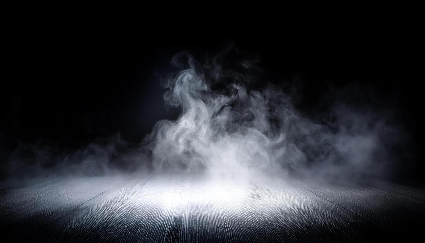 White smoke or fog flow on floor. Large mist in dark room on black background. Smoke on stage studio photo
