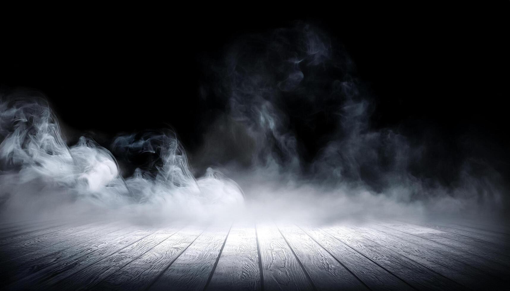 White smoke or fog flow on floor. Large mist in dark room on black background. Smoke on stage studio photo