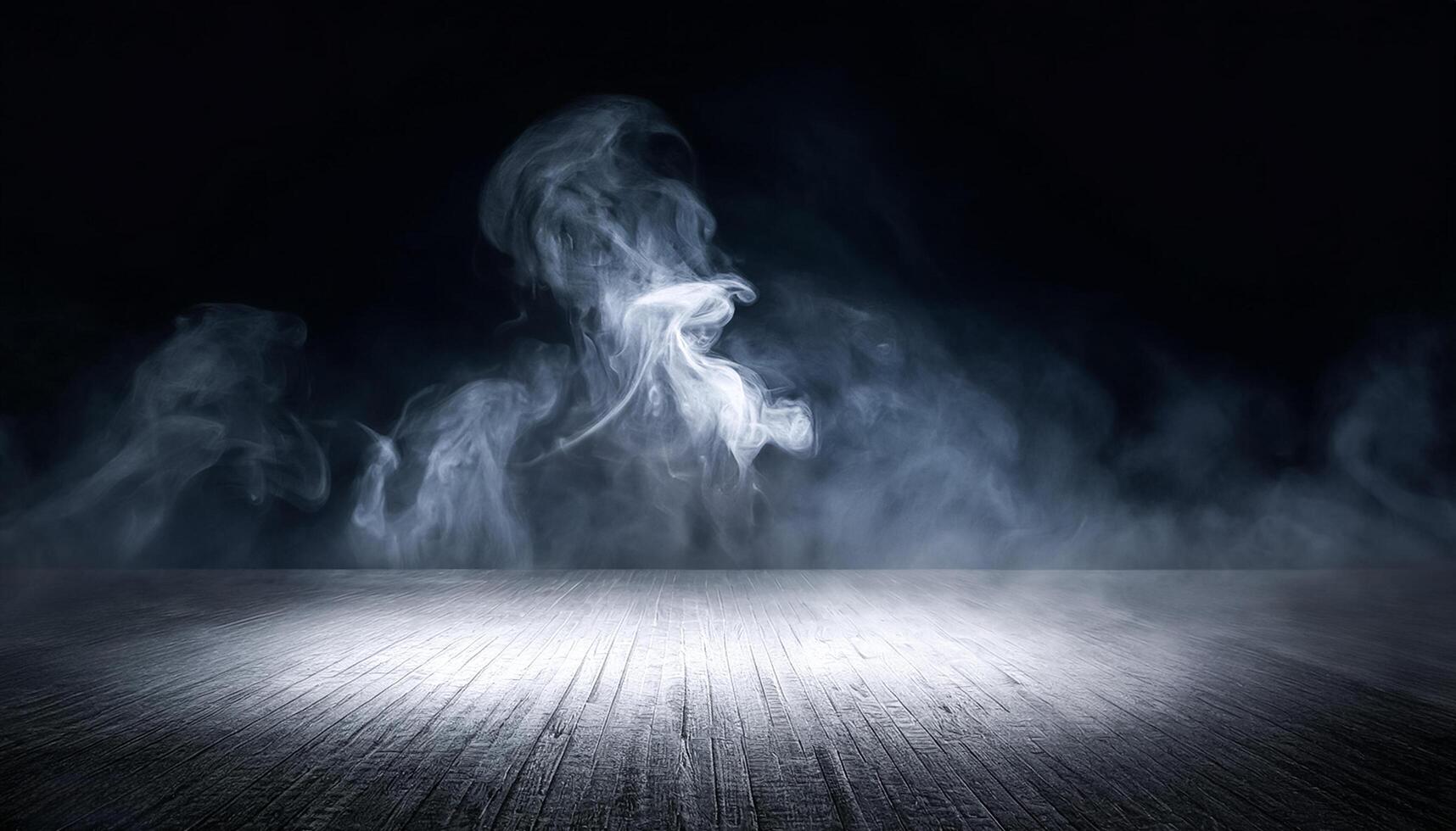 White smoke or fog flow on floor. Large mist in dark room on black background. Smoke on stage studio photo