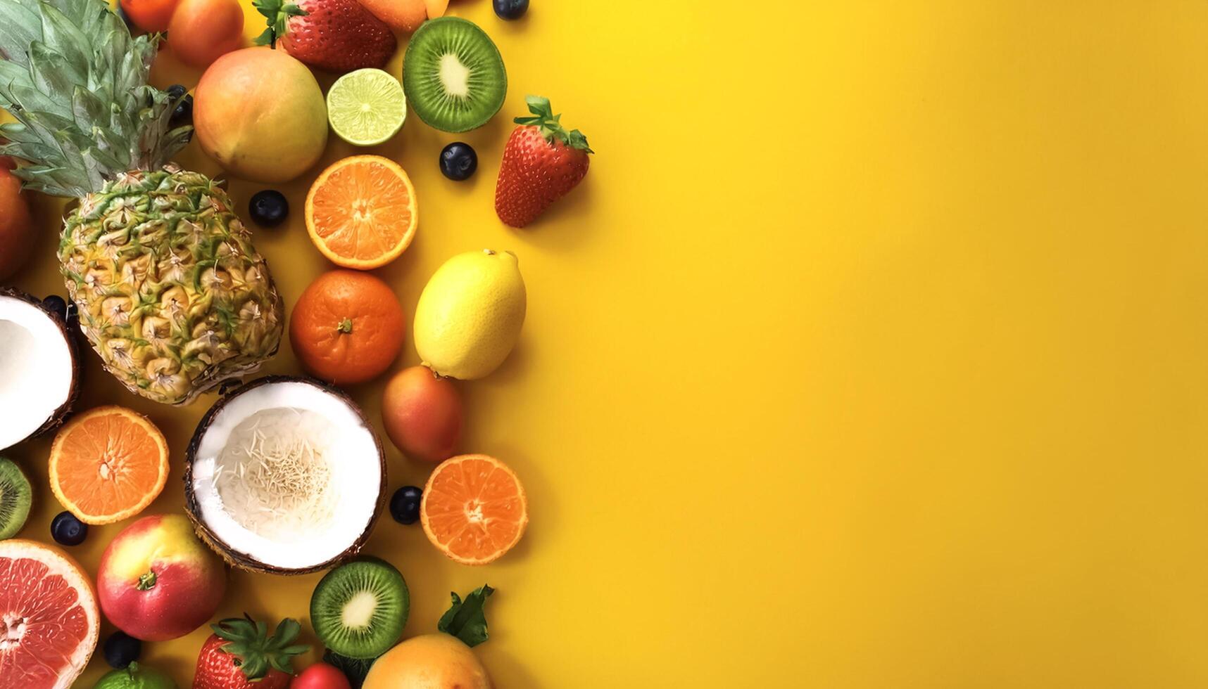 various kinds of fresh fruit. Full Frame, Top View. Flat lay, top view. Pop art design, creative summer concept. photo