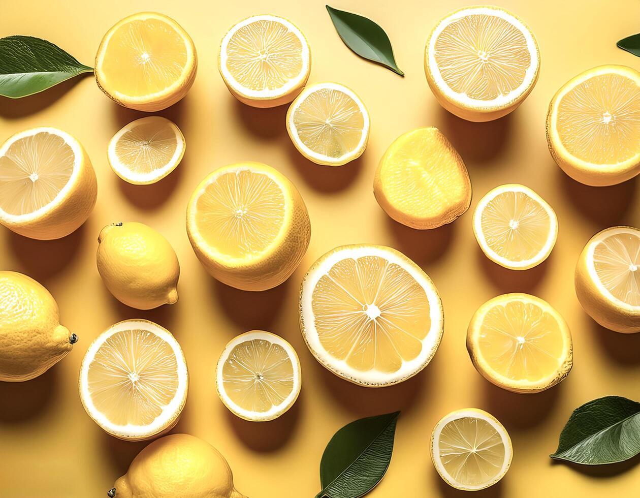 Overhead view of Fresh Ripe lemon with cut sliced halves food summer background. healthy food background photo