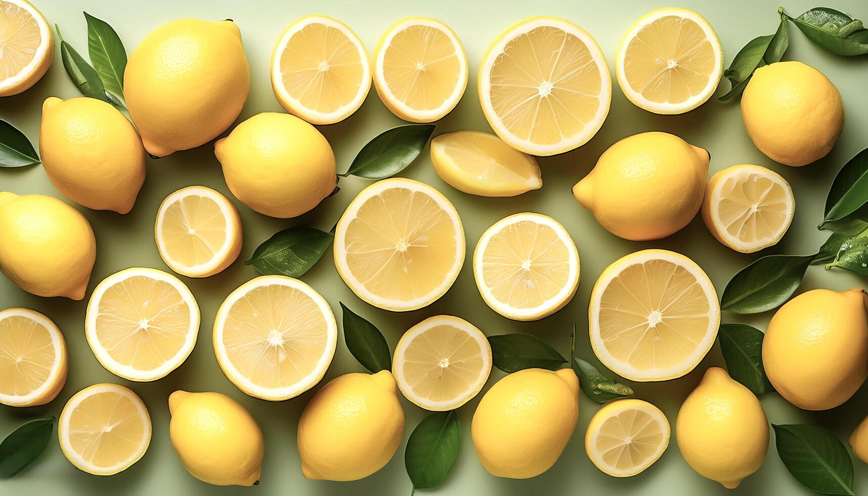 Overhead view of Fresh Ripe lemon with cut sliced halves food summer background. healthy food background photo