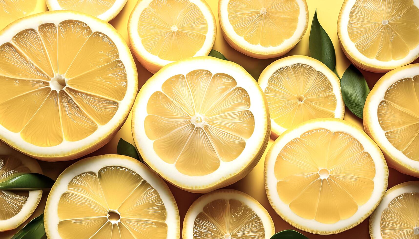 Overhead view of Fresh Ripe lemon with cut sliced halves food summer background. healthy food background photo