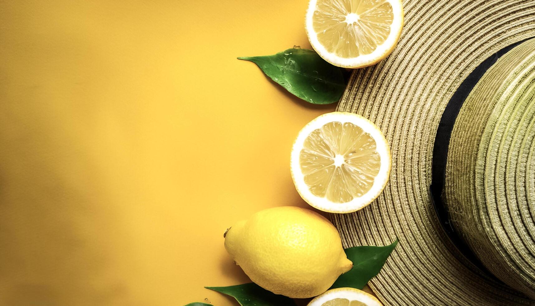 Overhead view of Fresh Ripe lemon with cut sliced halves food summer background. healthy food background photo