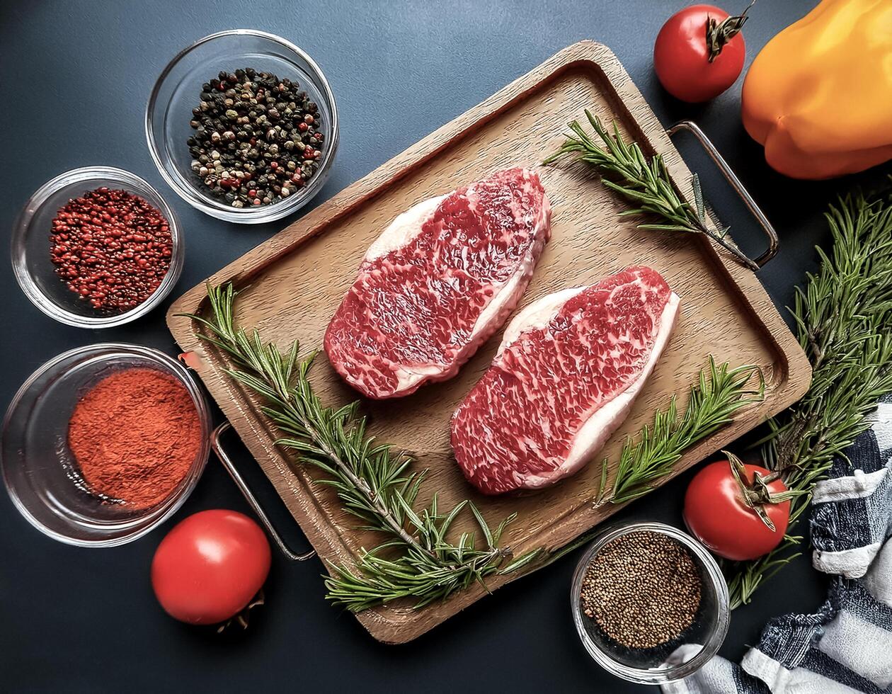Overhead view of Fresh Kobe Beef Steak halves food summer background. healthy food background. photo