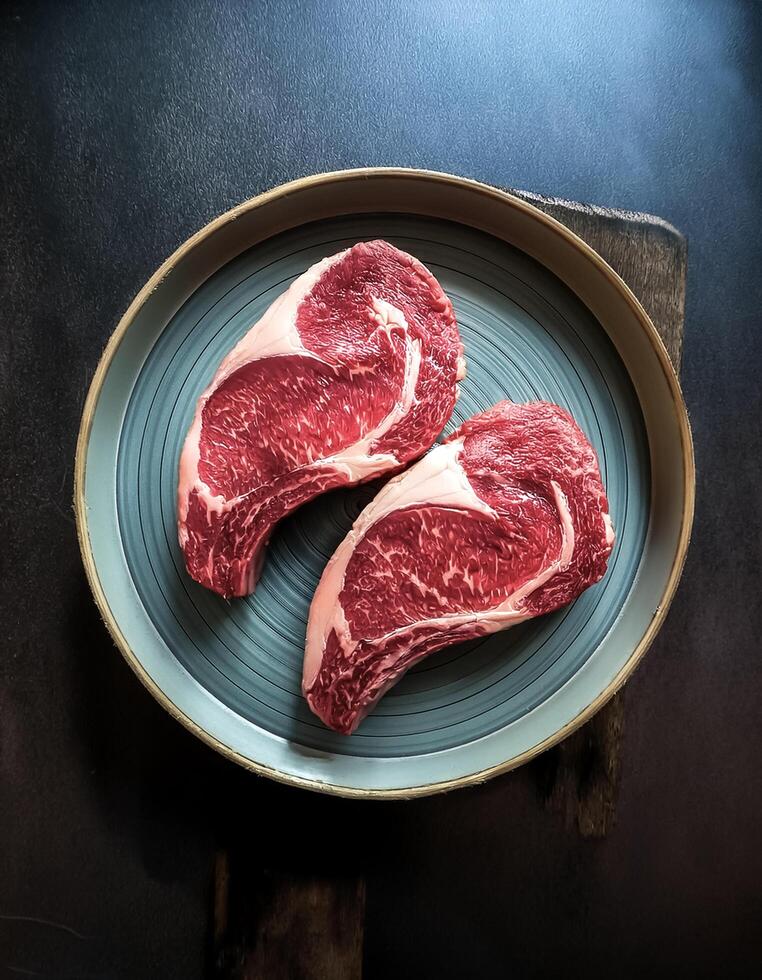 Overhead view of Fresh Kobe Beef Steak halves food summer background. healthy food background. photo
