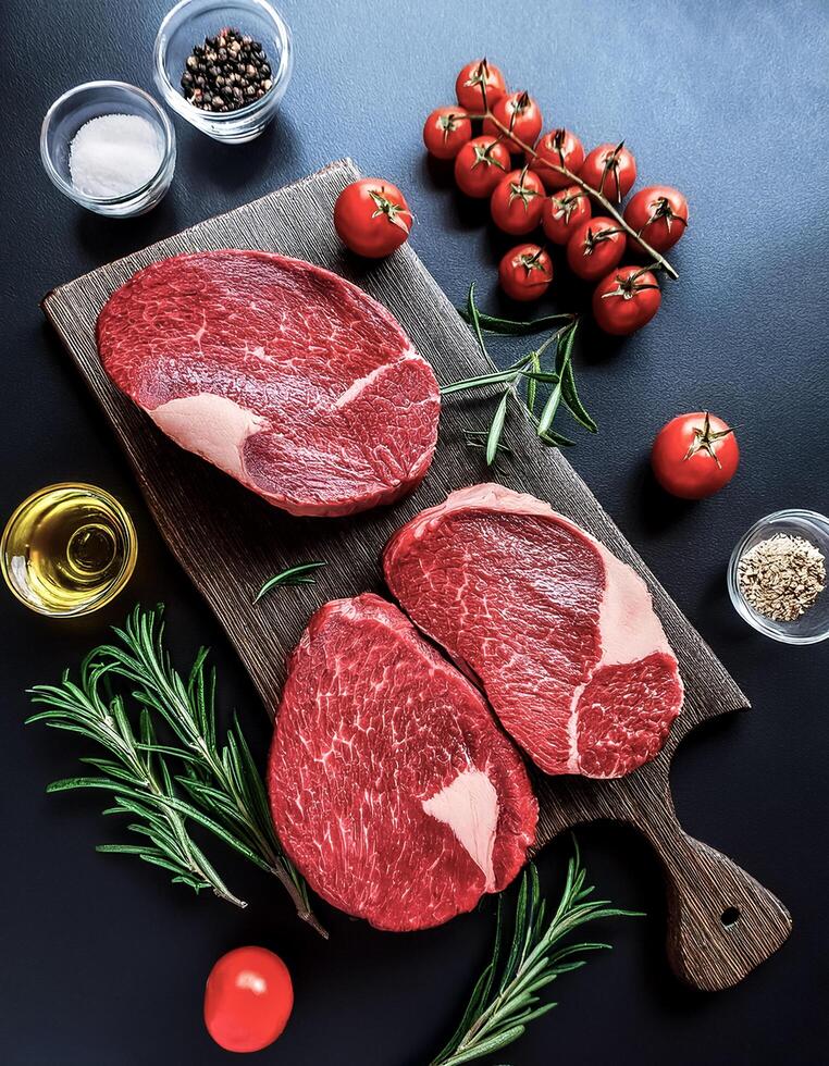 Overhead view of Fresh Kobe Beef Steak halves food summer background. healthy food background. photo