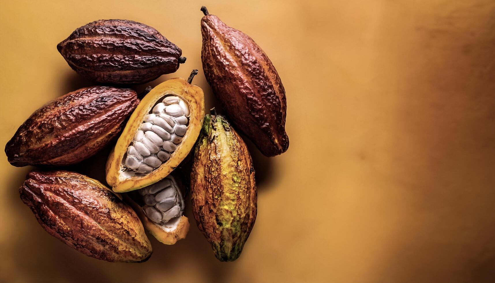 Overhead view of Fresh, Pile, Ripe and juicy sweet cocoa fruits. Halves food summer background photo