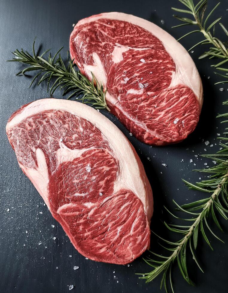 Overhead view of Fresh Kobe Beef Steak halves food summer background. healthy food background. photo