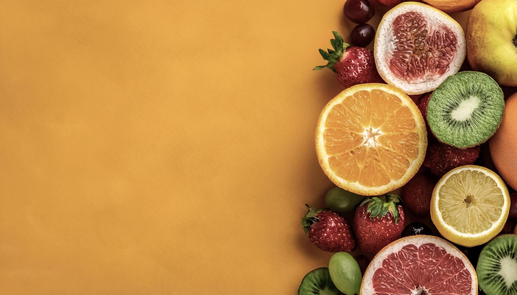 Overhead view of Fresh, Pile, Ripe and juicy sweet fruits. Halves food summer background photo