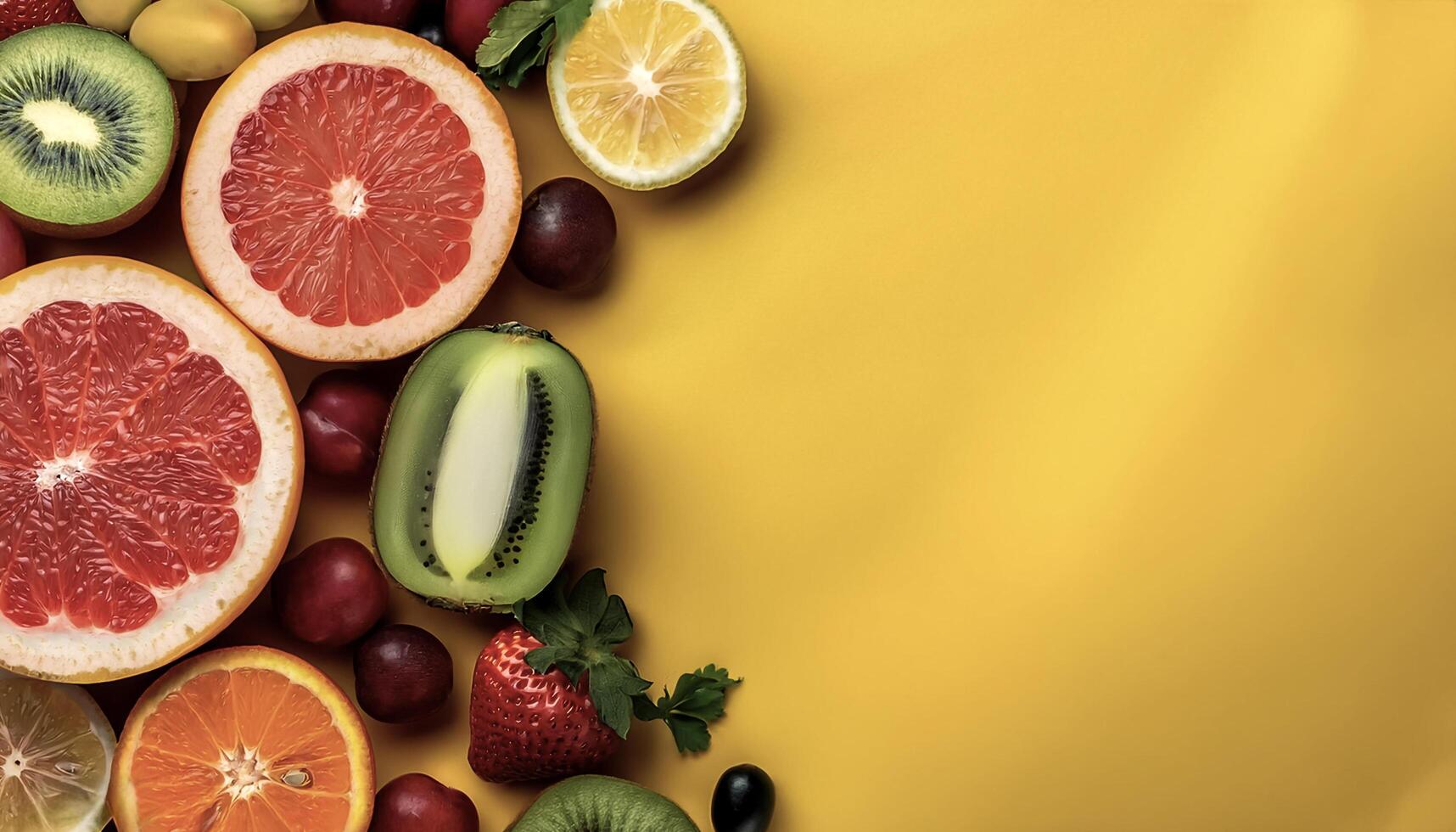 Overhead view of Fresh, Pile, Ripe and juicy sweet fruits. Halves food summer background photo