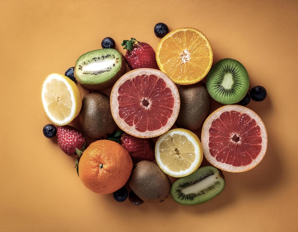 Overhead view of Fresh, Pile, Ripe and juicy sweet fruits. Halves food summer background photo