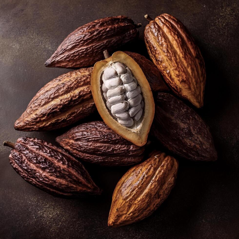 Overhead view of Fresh, Pile, Ripe and juicy sweet cocoa fruits. Halves food summer background photo