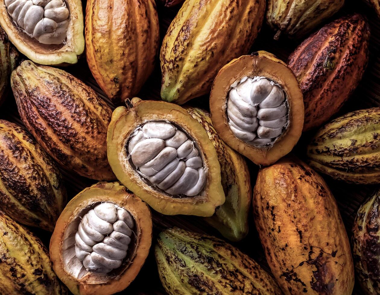 Overhead view of Fresh, Pile, Ripe and juicy sweet cocoa fruits. Halves food summer background photo