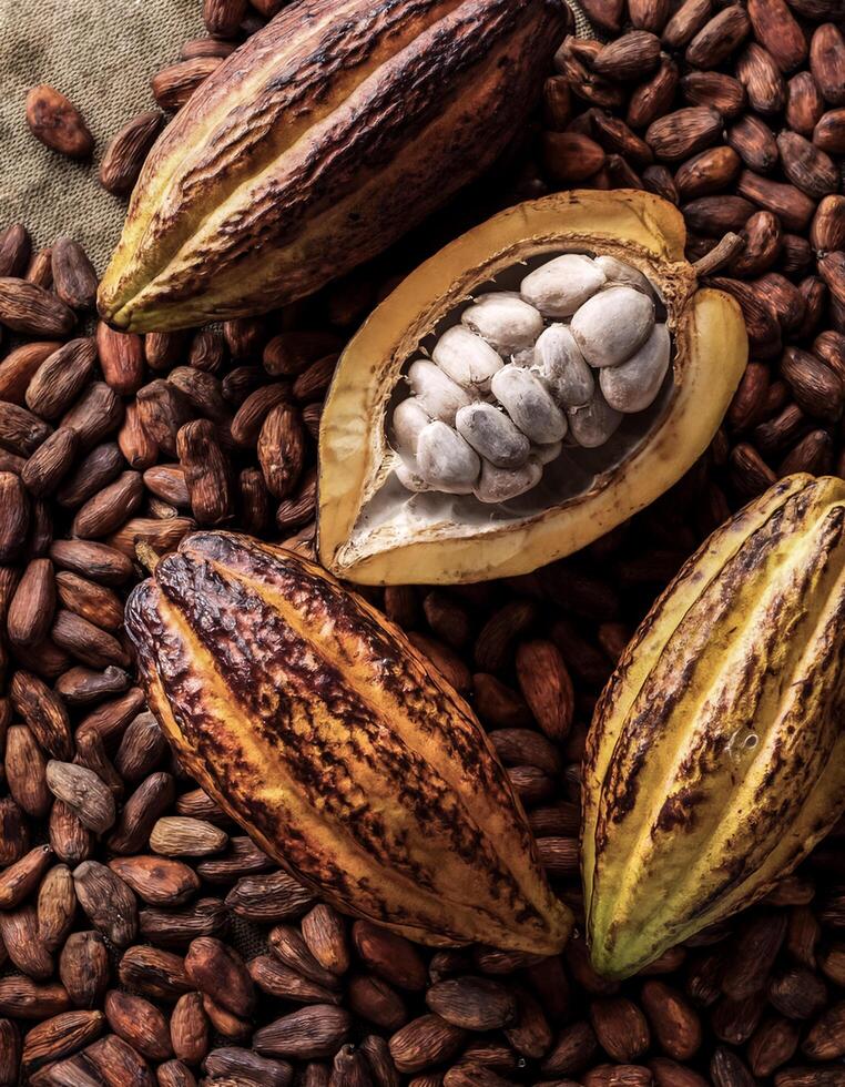 Overhead view of Fresh, Pile, Ripe and juicy sweet cocoa fruits. Halves food summer background photo