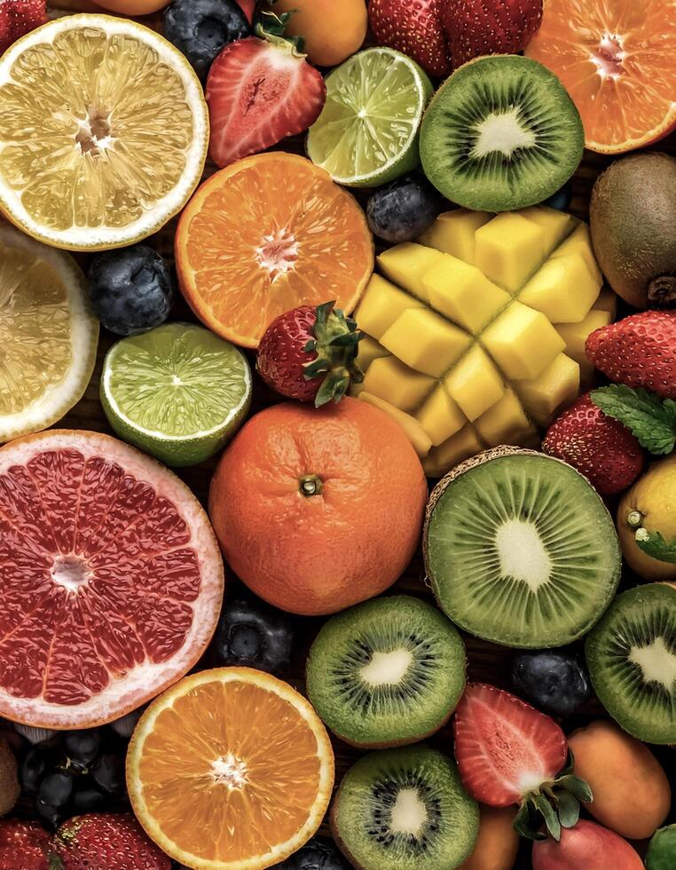 Overhead view of Fresh, Pile, Ripe and juicy sweet fruits. Halves food summer background photo