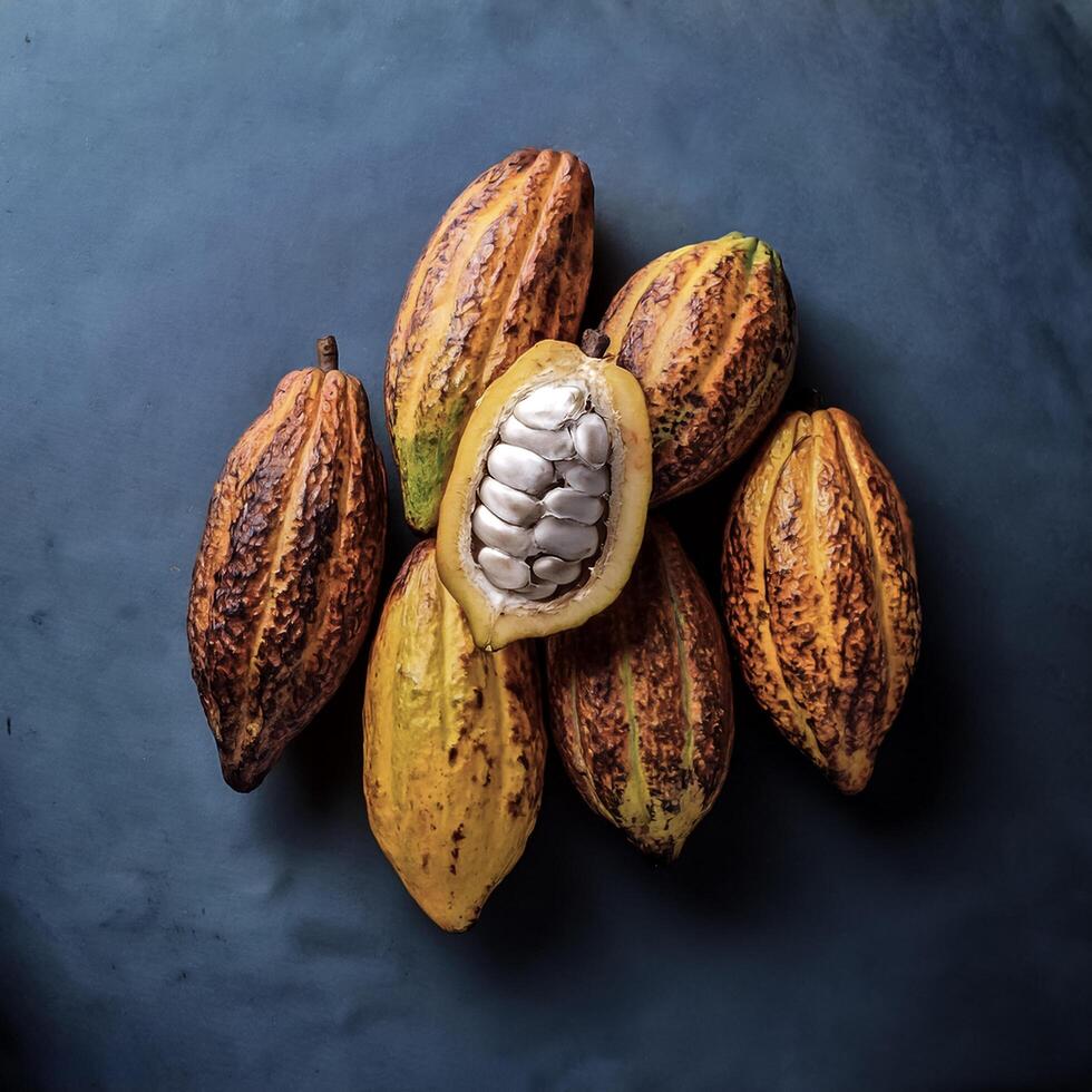 Overhead view of Fresh, Pile, Ripe and juicy sweet cocoa fruits. Halves food summer background photo