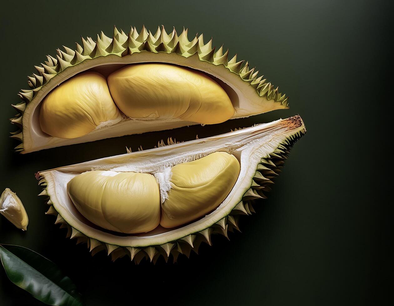 Overhead view of Fresh, Ripe and juicy durian. Halves food summer background. photo