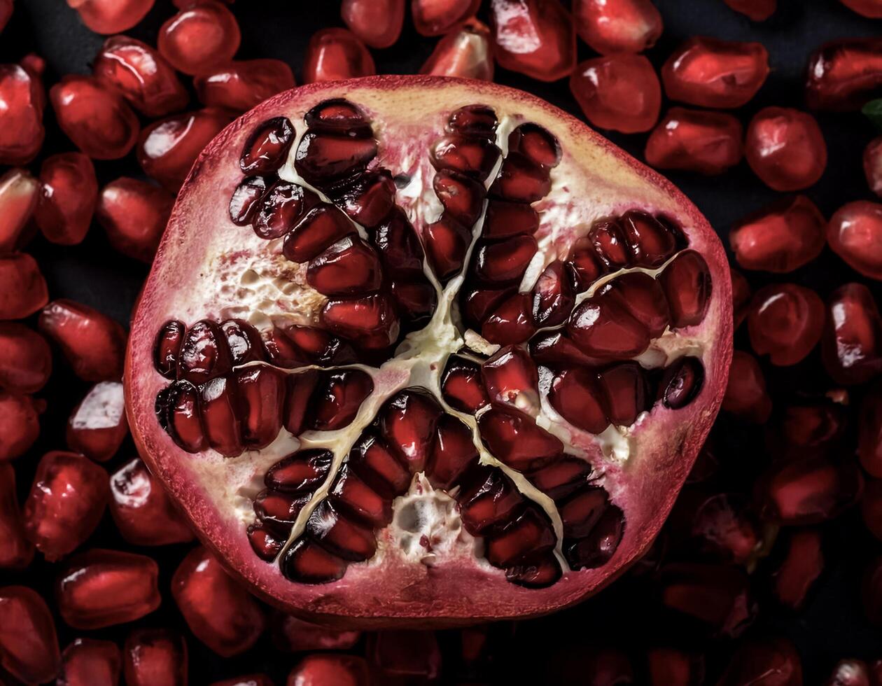 Overhead view of Fresh, Pile, Ripe and juicy sweet Pomegranate fruits. Halves food summer background photo