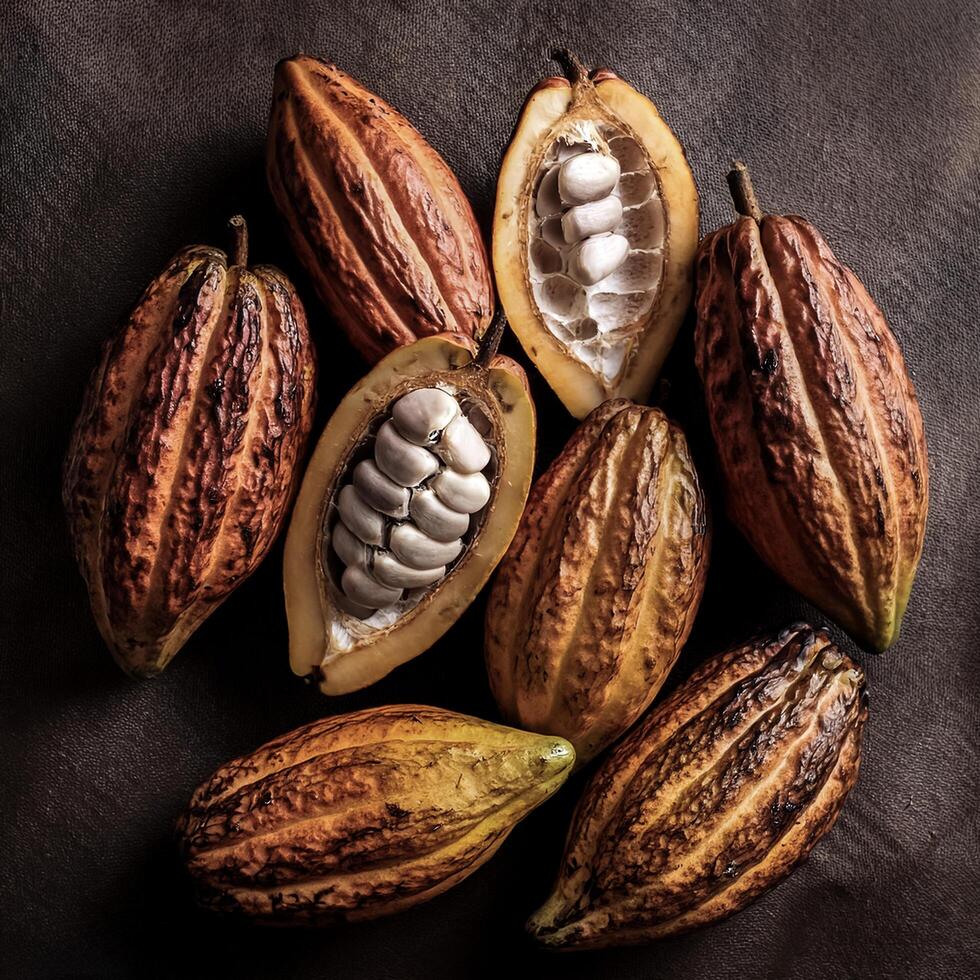 Overhead view of Fresh, Pile, Ripe and juicy sweet cocoa fruits. Halves food summer background photo