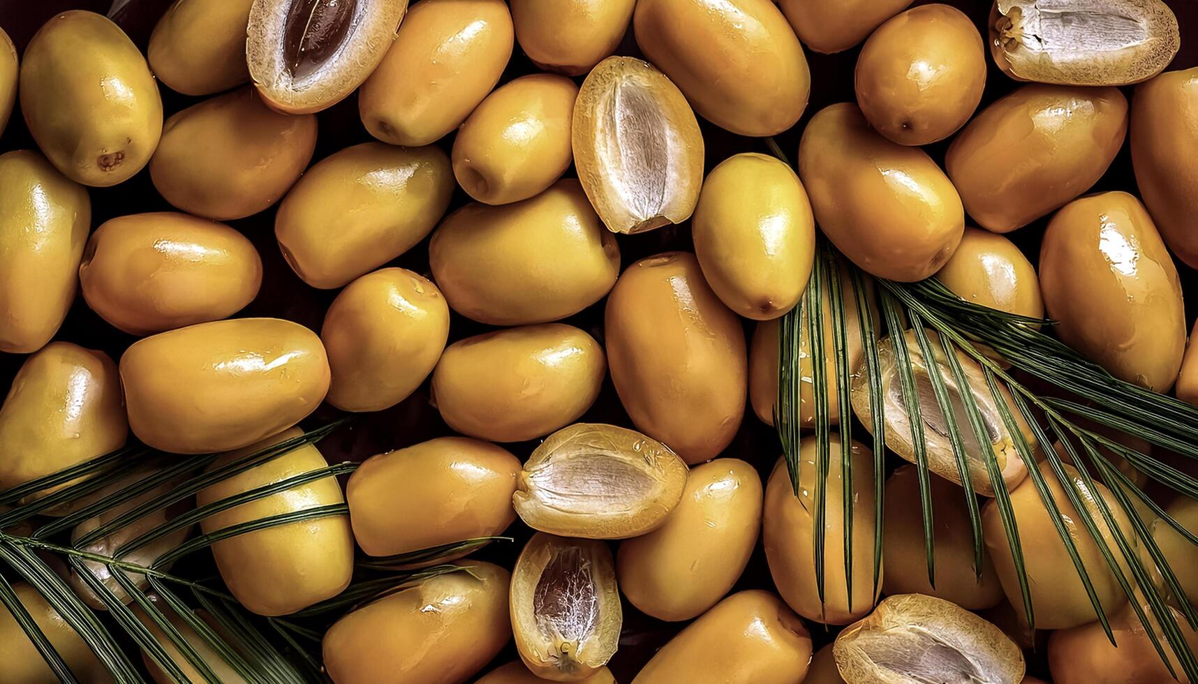 Overhead view of Fresh, Pile, Ripe and juicy sweet yellow date palm. Halves food summer background photo