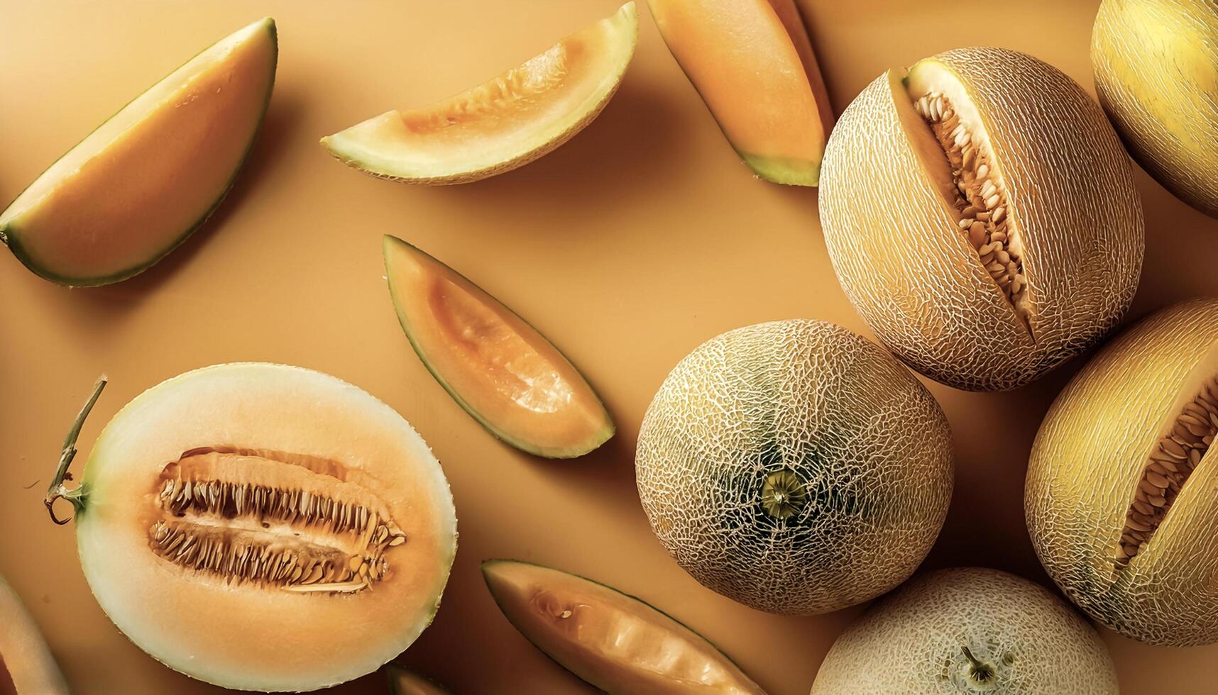 Overhead view of Fresh, Pile, Ripe and juicy sweet melon fruits. Halves food summer background photo
