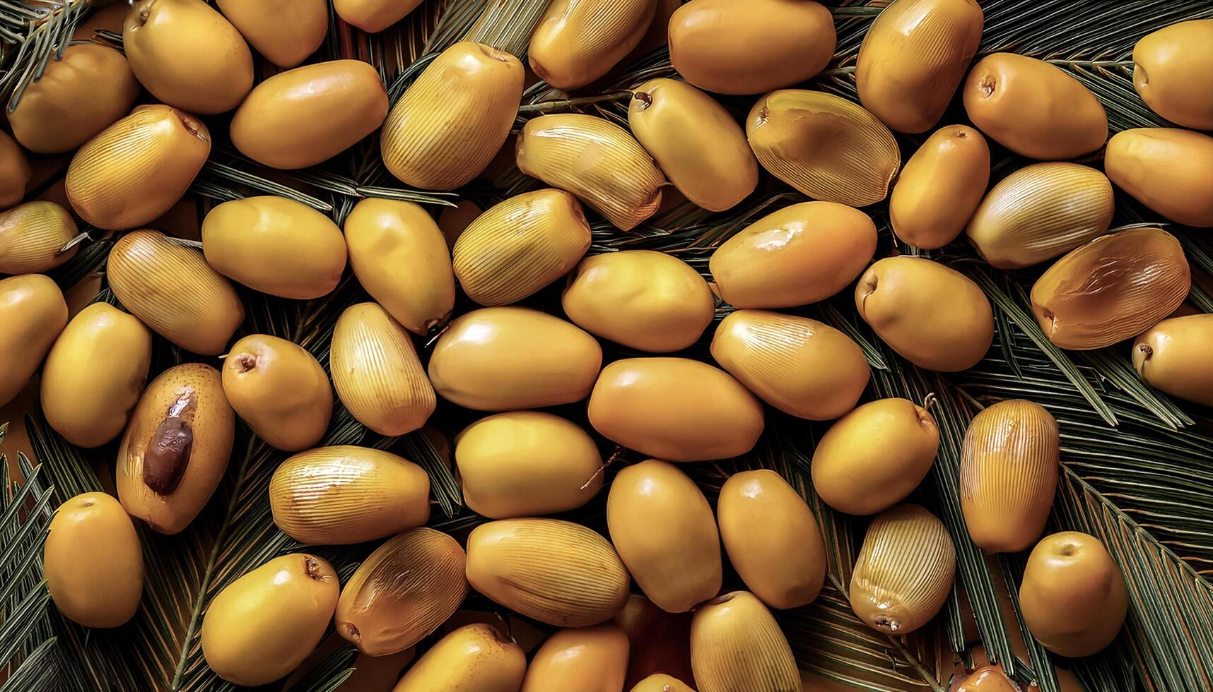 Overhead view of Fresh, Pile, Ripe and juicy sweet yellow date palm. Halves food summer background photo