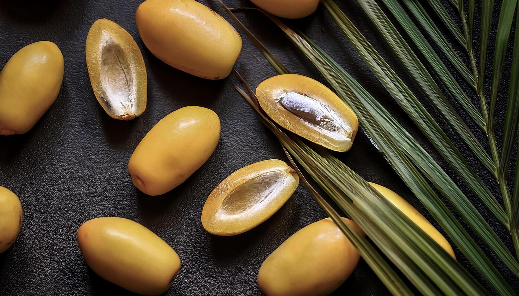 Overhead view of Fresh, Pile, Ripe and juicy sweet yellow date palm. Halves food summer background photo