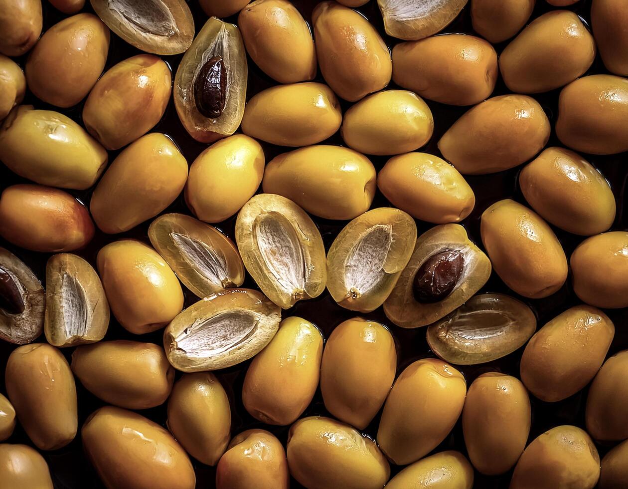Overhead view of Fresh, Pile, Ripe and juicy sweet yellow date palm. Halves food summer background photo