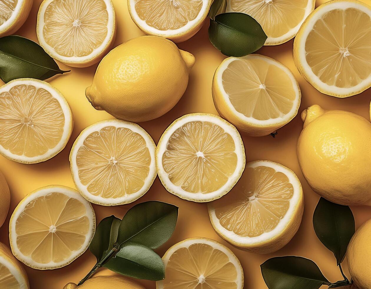 Overhead view of Fresh, Pile, Ripe and juicy sweet Yellow lemon fruit. Halves food summer background. photo