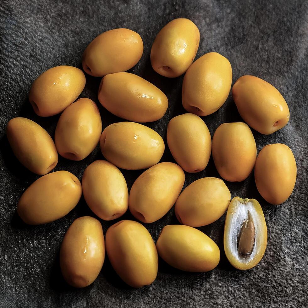 Overhead view of Fresh, Pile, Ripe and juicy sweet yellow date palm. Halves food summer background photo