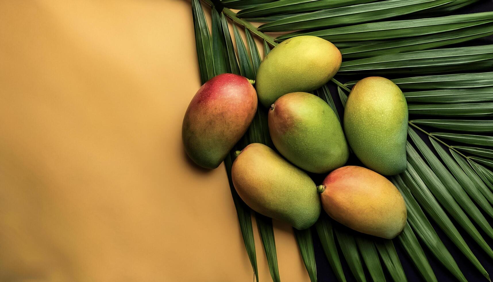 Ripe and juicy sweet mango fruits. Ripe food on the background of stacked palm leaves summer concept photo