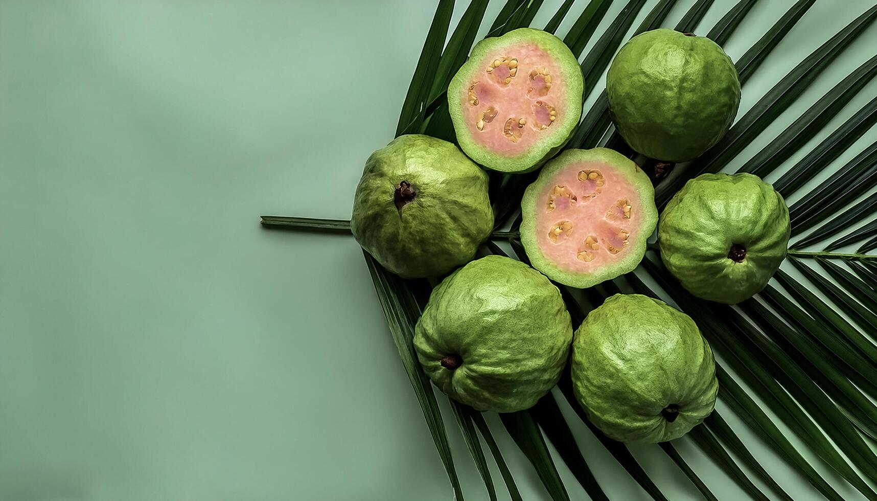 Ripe and juicy sweet Guava fruits. Ripe food on the background of stacked palm leaves summer concept photo