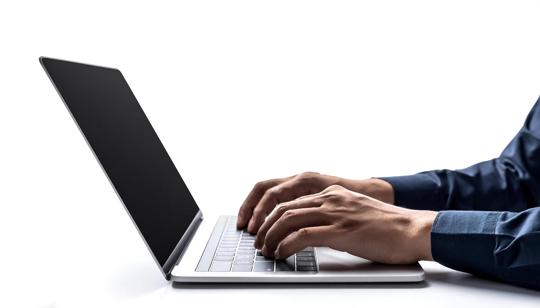 close up casual hand typing on laptop computer isolated on white background photo